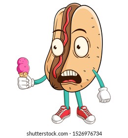 Shocked hot dog cartoon character holding melted ice cream with funny expression