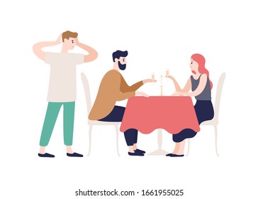 Shocked husband watching cheating wife with lover on dating at restaurant isolated on white. Woman betrayed male with paramour vector flat illustration. Love triangle and relationship concept