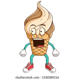 shocked ice cream waffle cone cartoon character with funny expression