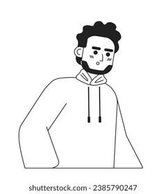 Shocked indian man monochromatic flat vector character. Handsome brunette. Short hair. Editable thin line half body person on white. Simple bw cartoon spot image for web graphic design