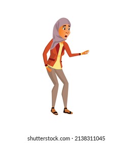 shocked islamic woman saw old friend cartoon vector. shocked islamic woman saw old friend character. isolated flat cartoon illustration
