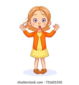 A shocked little girl with big eyes opened her mouth wide and raised her hands. Vector cartoon emotions.