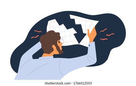 Shocked male hold document with financial graph downturn vector flat illustration. Economist guy looking on global economy crash and losing profit of company isolated. Business failure or bankruptcy