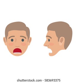 Shocked man avatar user pic. Vector of front and side view of person troubled boy with open mouth. Male head with disturbed facial expression. Adult profile icon with worried face, character mood