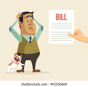 Shocked man character received bill. Vector flat cartoon illustration