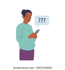 Shocked man character using mobile phone message chat for communication receiving unexpected news