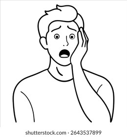 Homem chocado retratado em elegante estilo de desenho de arte de linha contínua apresentando intensa emoção através de linhas mínimas ideais para os visuais modernos de expressão facial artística