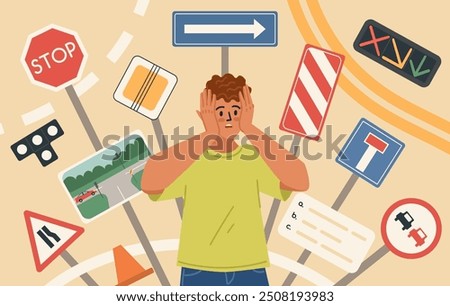 Shocked man driver beginner over road signs and driving rules