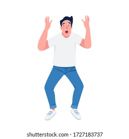 Shocked man flat color vector detailed character. Scared guy with hands in air isolated cartoon illustration for web graphic design and animation. Panic attack, stress disorder, emotional reaction