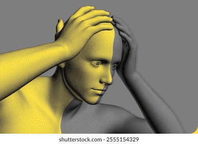 Shocked man with hands on his head. Stipple style model of a man with the effect of colour division of the body into two halves black and gold. Life dilemma. Duality of choice. 3D vector for design.