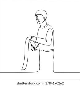 shocked man holding a sheet of molded paper. One continuous line drawing of a guy holding a long instruction / big check / multi-page cheat sheet