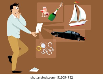 Shocked man looking at a financial statement listing luxury items purchasing as a result of a credit card fraud, EPS 8 vector illustration