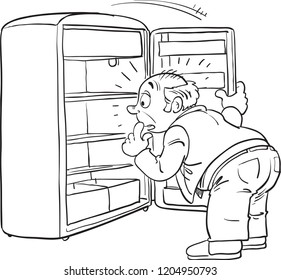 Shocked man looking into empty refrigerator