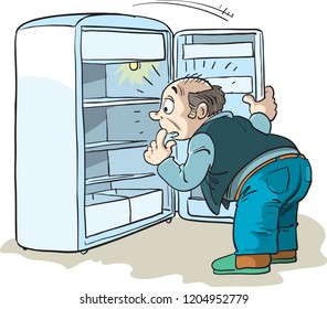 Shocked man looking into empty refrigerator