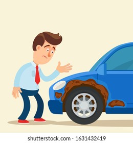 Shocked man looking on old rusty car with corroded wheel arches. Risks when buying an old car. Rust removal service. Dirty auto. Vector illustration, flat cartoon style. Isolated background.