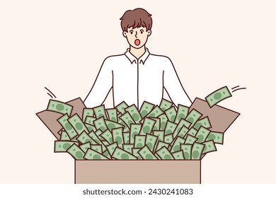 Shocked man looks at box full of money, surprised to get big profit from investing in stock market. Lucky guy won lot of money in national lottery or new betting app for mobile phone
