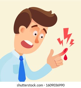 Shocked man looks at cut finger on his hand. Hand injury, wound. Blood drips from wound. Medical vector illustration, flat design, cartoon style. Isolated background.
