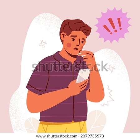 Shocked man with phone. Concept of bad news in social networks. Psychology and mental health. Young guy syanding with smartphone. Frustration and panic. Cartoon flat vector illustration