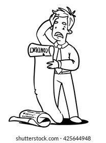 Shocked man reading a contract. Cartoon illustration