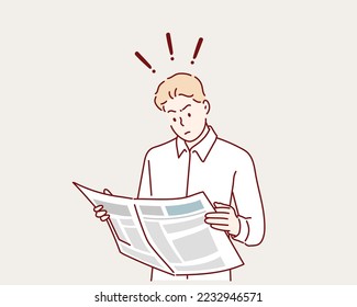 shocked man reading newspaper. Hand drawn style vector design illustrations.