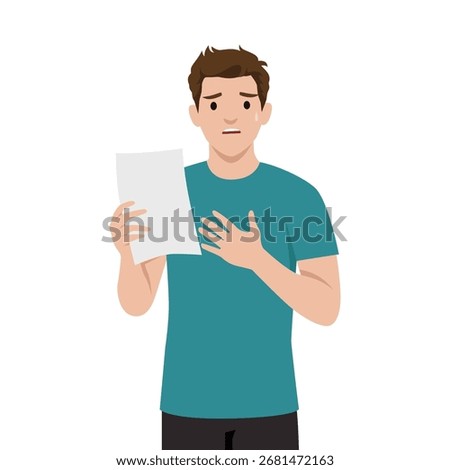 Shocked Man Reading Paper Document. Flat vector illustration isolated on white background