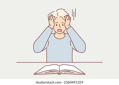 Shocked man reads book and tears hair out after learning scary facts from history or predictions for future. Frightened guy student looks into book and panics, feeling inability to prepare for exams svg