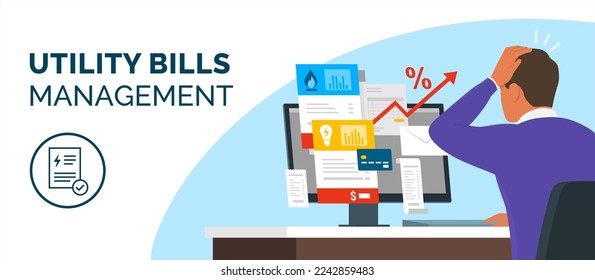 Shocked man sitting at desk and checking expensive utility bills on his computer, payments and budget concept