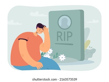 Shocked man sitting in front of gravestone in cemetery. Person mourning family member, lover or friend flat vector illustration. Death, grief, funeral concept for banner or landing web page