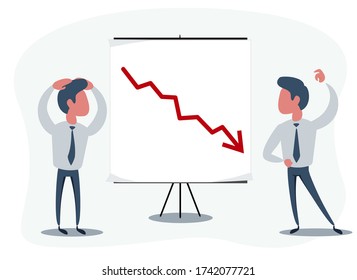 Shocked man in a suit watch on the board with a declining arrow. Falling indicator of economic prosperity. Businessman has the shock of rapid decline in stocks isolated on white background.