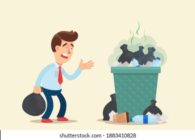 Shocked man with trash bags in hand looks at the overflowing garbage bin. Crowded trash can. Problem with the removal of household waste. Vector illustration, flat, cartoon comic style, isolated.