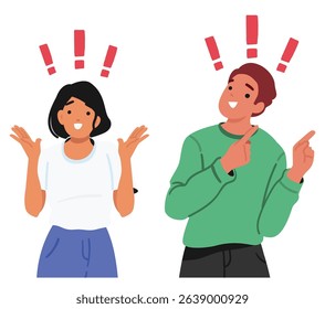 Shocked man and woman cartoon characters with exclamation marks over head isolated set on white background. Happy smiling young people having problem solution useful information vector illustration