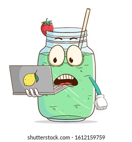 Shocked milkshake cartoon character holding a laptop with expression