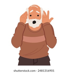 Shocked Older Man With Gray Beard And Brown Sweater. Elderly Male Character Has Hands On His Head, Expressing Surprise Or Fear. Vector Image Conveys Strong Emotions Such As Shock, Surprise, And Fear
