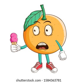 Shocked orange fruit cartoon character holding melted ice cream with funny expression