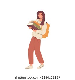 Shocked overloaded nerd female student character holding stack of book from library in hands