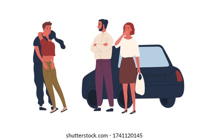 Shocked parents see teenage couple hugging vector flat illustration. Surprised mother and father look at romantic meeting of teen children isolated on white. Conflict of adult and adolescent