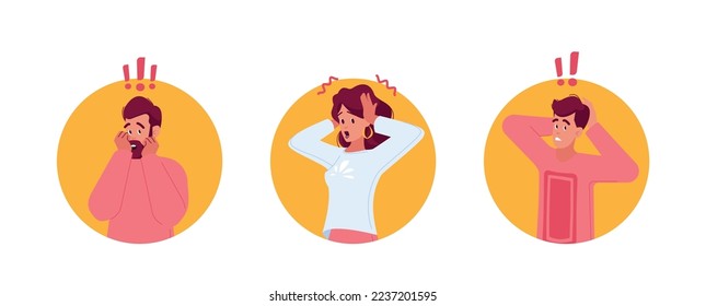 Shocked People Isolated Round Icons or Avatars. Surprised or Amazed Men and Women Express Excitement Emotions with Open Mouths. Excited Puzzled Male Female Characters. Cartoon Vector Illustration