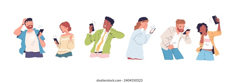 Shocked people look phone. Amazed man and frightened woman looking on smartphone scare message or bad news, frustrated scared characters with cellphone classy vector illustration of emotion people