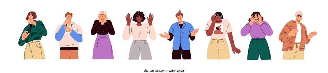 Shocked people set. Startled astonished characters with frightened scared face expressions. Panic, amazement, astonishment reaction, emotion. Flat vector illustrations isolated on white background