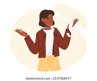 Shocked person concept. Young girl with check in her hands, financial literacy and rising prices. Crisis and problems, poverty. Character holding paper receipt. Cartoon flat vector illustration