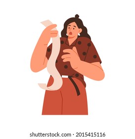 Shocked person holding long paper receipt with fee to pay. Woman with expired bill in hands. Big expenses and financial problem concept. Flat vector illustration isolated on white background