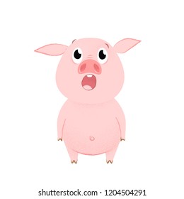 Shocked pig opening mouth and looking up. Emotion, wow, unexpected. Symbol of year concept. Can be used for greeting cards, posters, leaflets and brochure