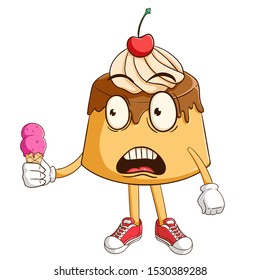 Shocked pudding custard cartoon character holding melted ice cream with funny expression