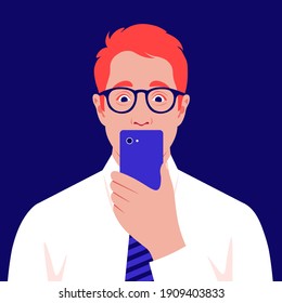 A shocked redhead man looks into his smartphone. Portrait of a businessman is reading terrible news. Vector flat illustration