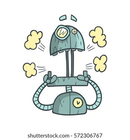 Shocked And Scared Blue Robot Cartoon Outlined Illustration With Cute Android And His Emotions