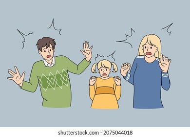 Shocked scared family with daughter feel terrified by unexpected unpleasant news. Unhappy parents with small girl child have fear feel terrified frightened. Panic attack. Flat vector illustration. 