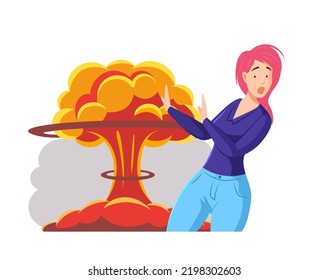 Shocked scared girl and nuclear explosion mushroom behind her. Explosion of negative emotions, feelings of anger. Stressed girl on verge of psychological breakdown cartoon vector