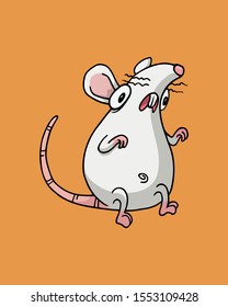 Shocked or scared looking white albino rat or mouse. Vector Illustration isolated on flat orange background for kids book or for chinese new year of the rat. For children. Emotions, frightened animal.