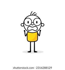 Shocked scared man. Hand drawn doodle panicked or terrified characters in horror. Vector stock illustration.