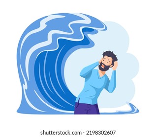 Shocked scared man standing in front of tsunami wave. Unhappy young man suffering from panic attack or anxiety. Stressed businessman feeling distressed. Fear and anxiety concept cartoon vector